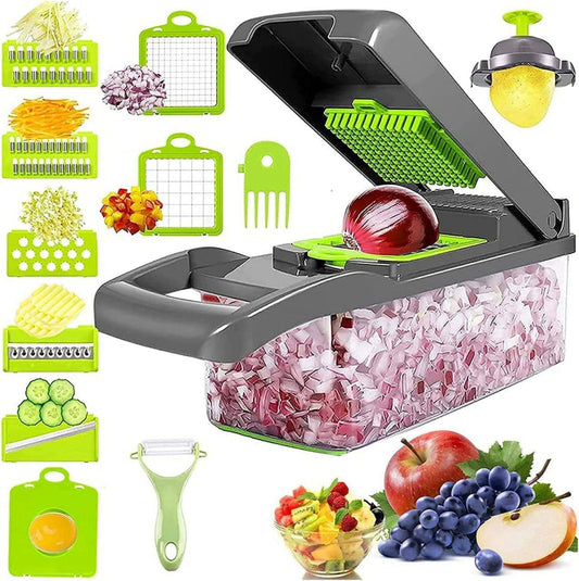 Vegetable Chopper | Veggie Chopper| 14 in 1 Multifunctional Food Chopper | Onions Chopper Mandoline Slicer | Rapid Vegetable Cutter Dicer | Kitchen Gadgets with 8 Stainless Steel Blade Drain Basket & Container